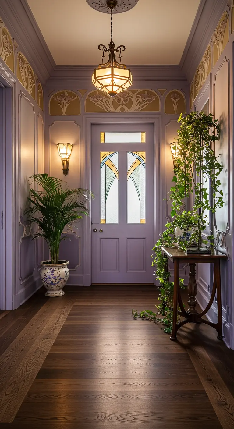Entrada elegante de estilo Art Nouveau con puerta lila, molduras y una planta trepadora.
