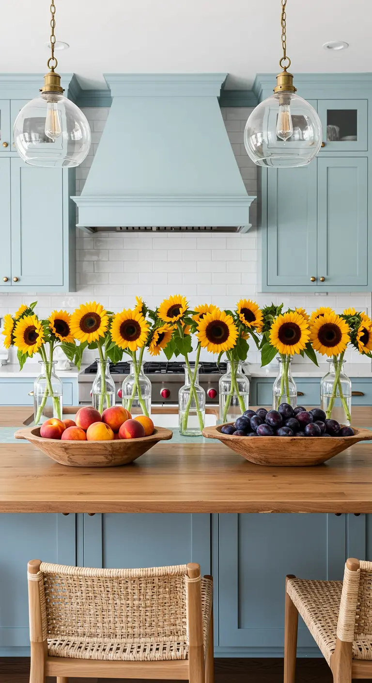 Isla de cocina azul con una fila de girasoles en jarrones y cuencos con fruta.