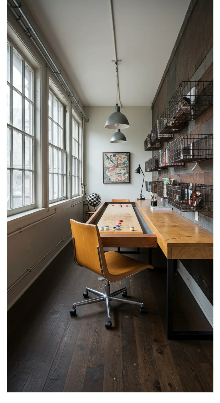 Largo escritorio de madera en un taller con estanterías de cestas de alambre en la pared.