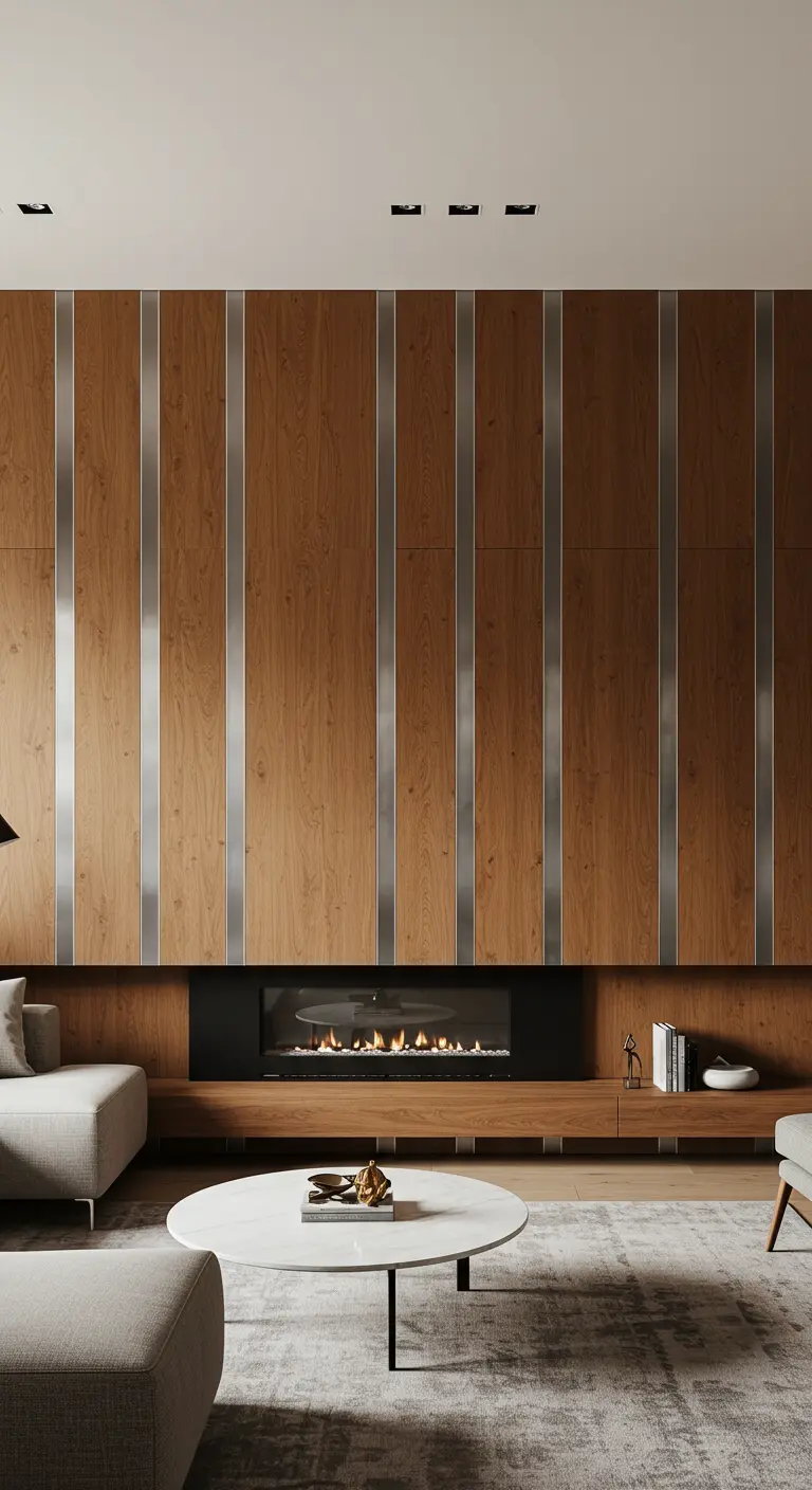 Pared de acento de paneles de madera con incrustaciones verticales de acero inoxidable.