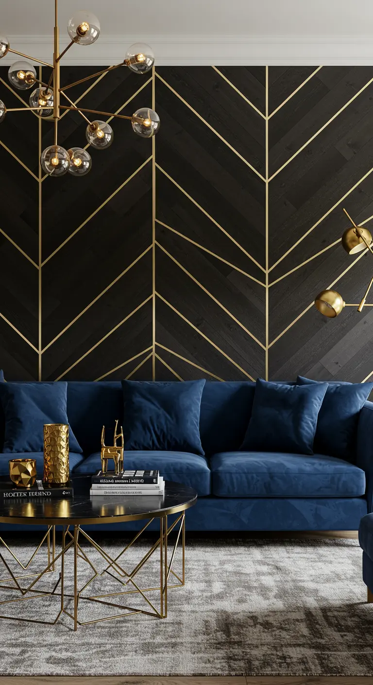 Pared de madera negra en espiga con incrustaciones doradas, detrás de un sofá de terciopelo azul.