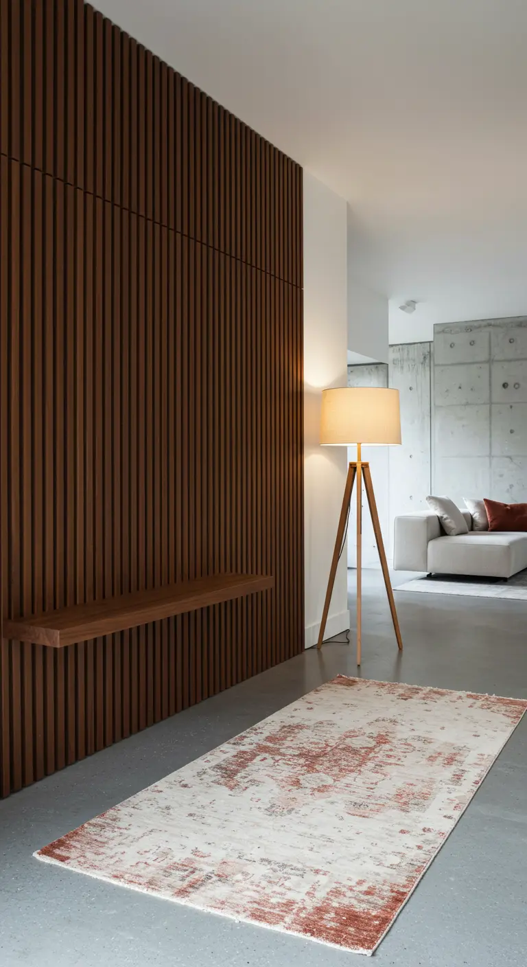 Entrada moderna con pared de listones de madera oscura y banco flotante