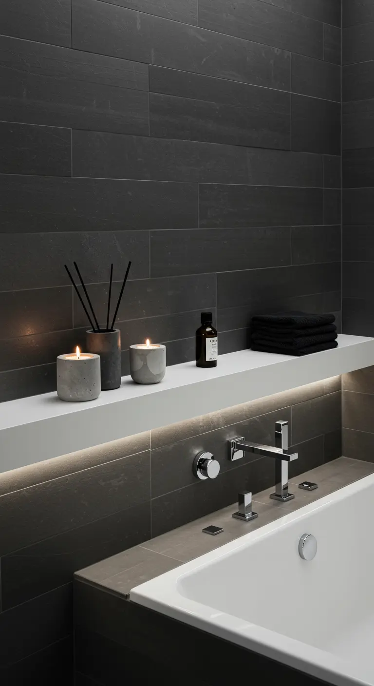 Repisa blanca moderna con iluminación led, velas de cemento y difusor sobre una bañera.