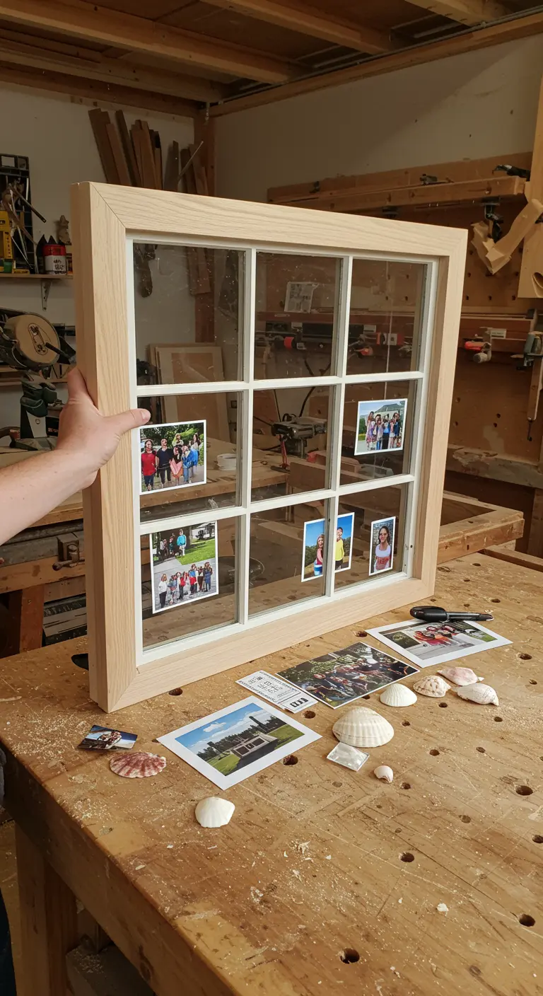Marco de ventana de madera clara y nueva con fotos familiares centradas en algunos paneles.