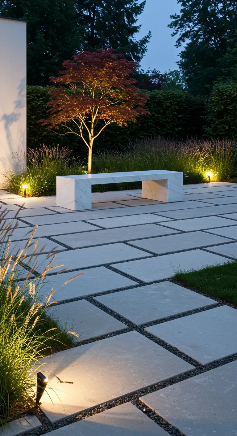 Patio moderno con losas de hormigón, un banco de mármol blanco y luces cálidas.