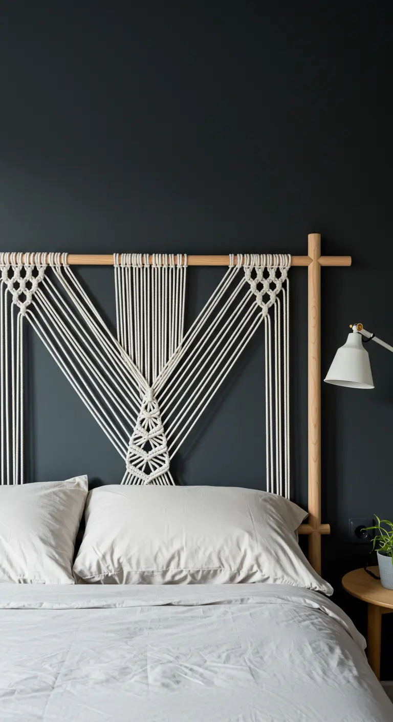 Cabecera de macramé moderna con cuerdas blancas tensadas sobre una estructura de madera.