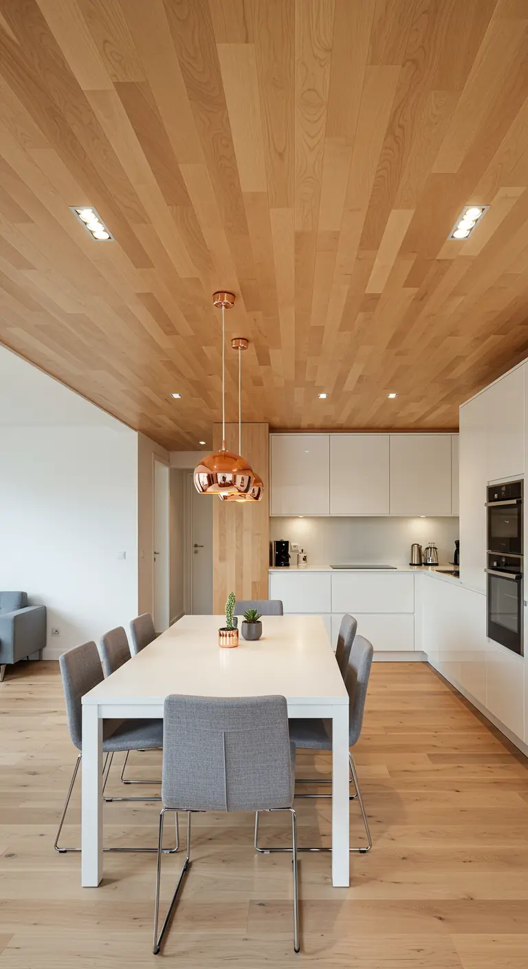 Comedor moderno con techo de madera clara, cocina blanca integrada y lámparas de cobre