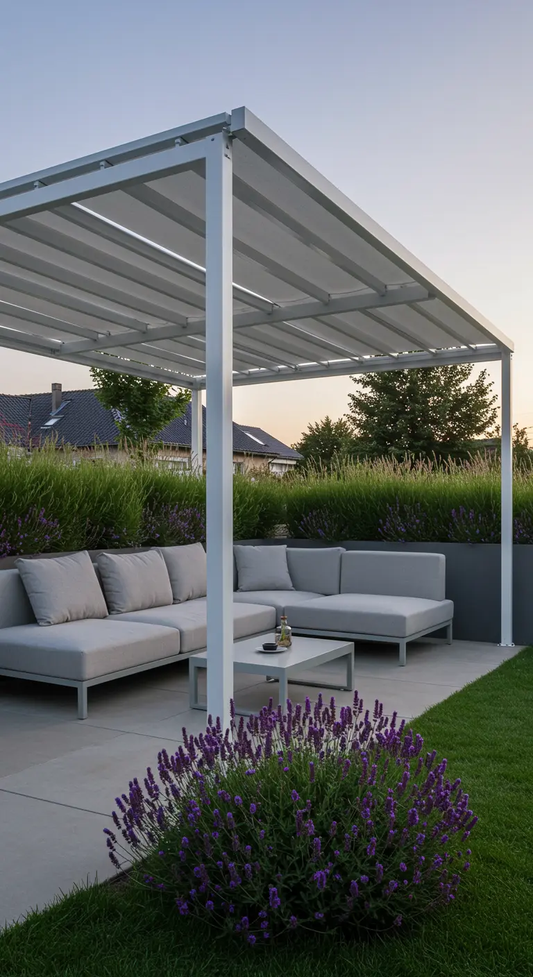 Pérgola blanca de diseño moderno con un sofá modular gris y un macizo de lavanda en flor en primer plano.