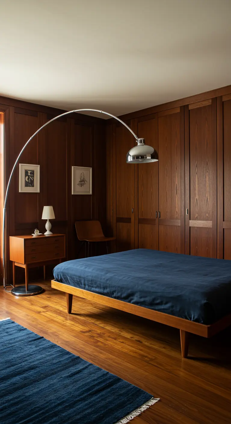 Dormitorio Mid-Century con paredes de madera, cama baja azul y una lámpara de arco cromada.