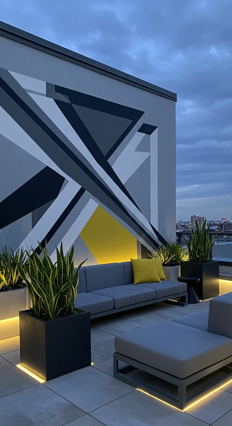 Terraza moderna en un ático con un mural geométrico en tonos grises y un toque de amarillo.