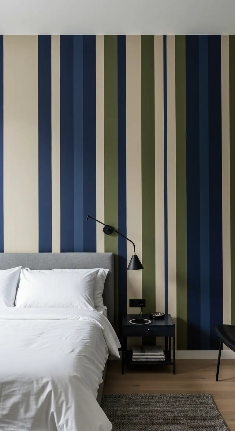 Pared del cabecero pintada con rayas verticales de diferentes anchos en tonos azules, verdes y beige.