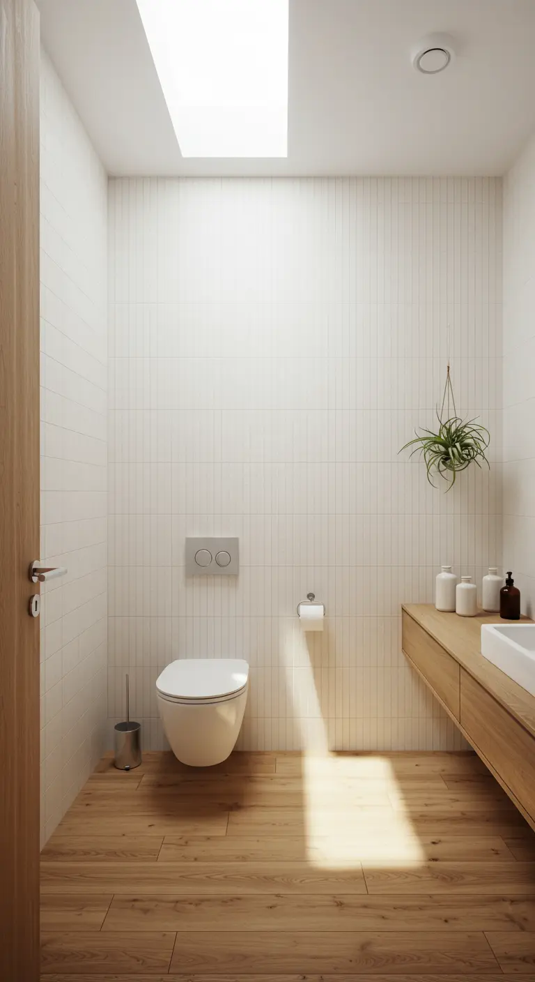 Baño estrecho con azulejos blancos verticales, suelo de madera y un tragaluz