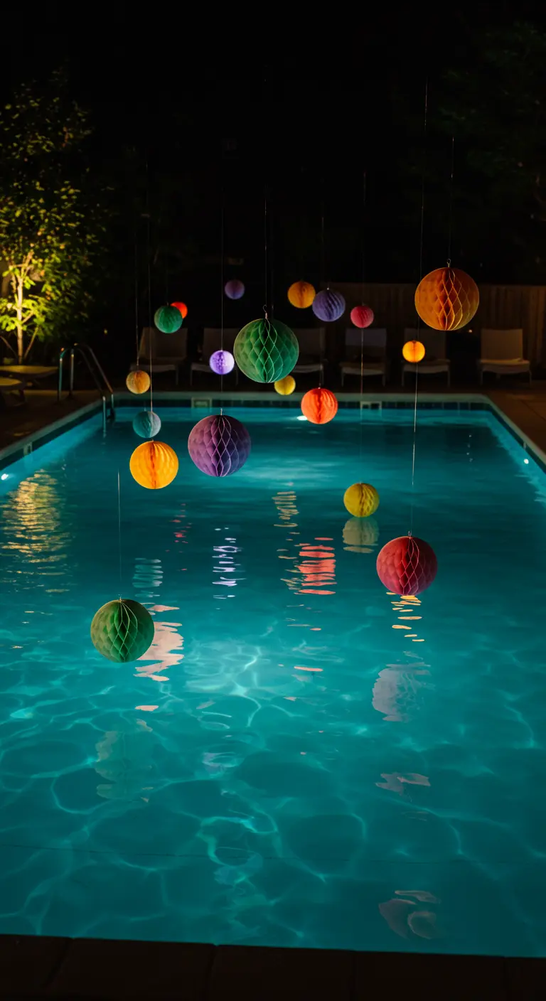 Farolillos de papel de colores con luz colgando sobre una piscina por la noche.