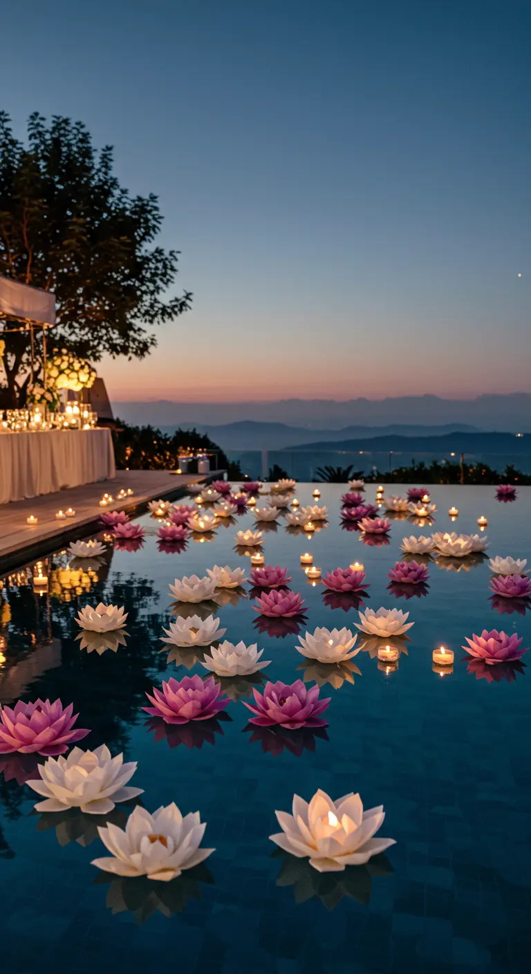 Piscina al atardecer llena de flores de loto de papel flotantes, cada una con una vela en su interior.