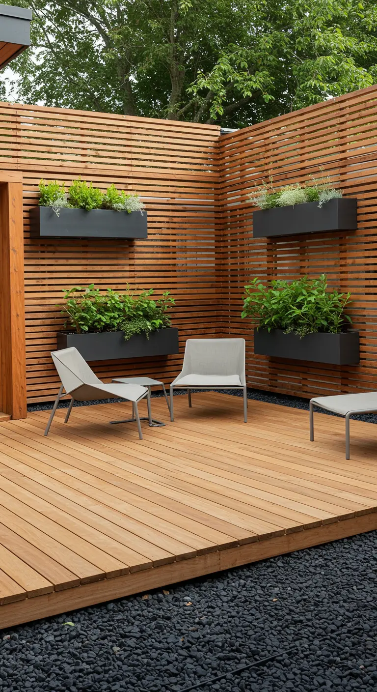Terraza de madera con una pared de listones y jardineras flotantes de color oscuro.