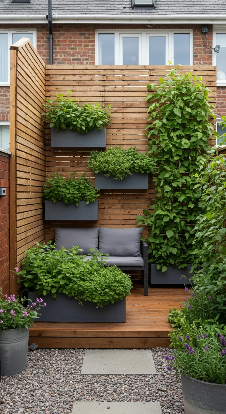 Pared de listones de madera con jardineras grises y un sofá en un patio moderno.
