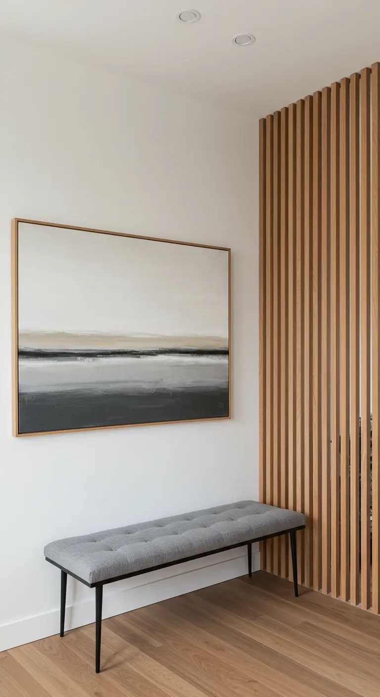 Entrada con una pared de listones de madera, un banco tapizado en gris y un cuadro de paisaje abstracto.