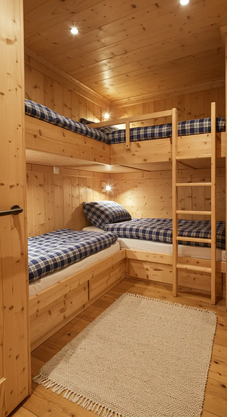 Habitación infantil con literas de madera de pino y ropa de cama de cuadros escoceses.