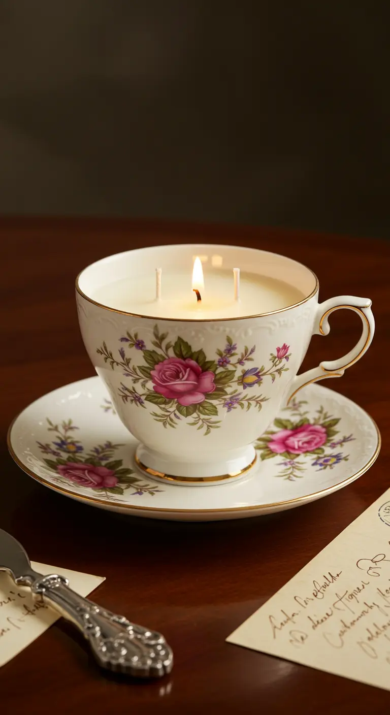 Vela encendida con tres pabilos en una ancha taza de té floral de porcelana
