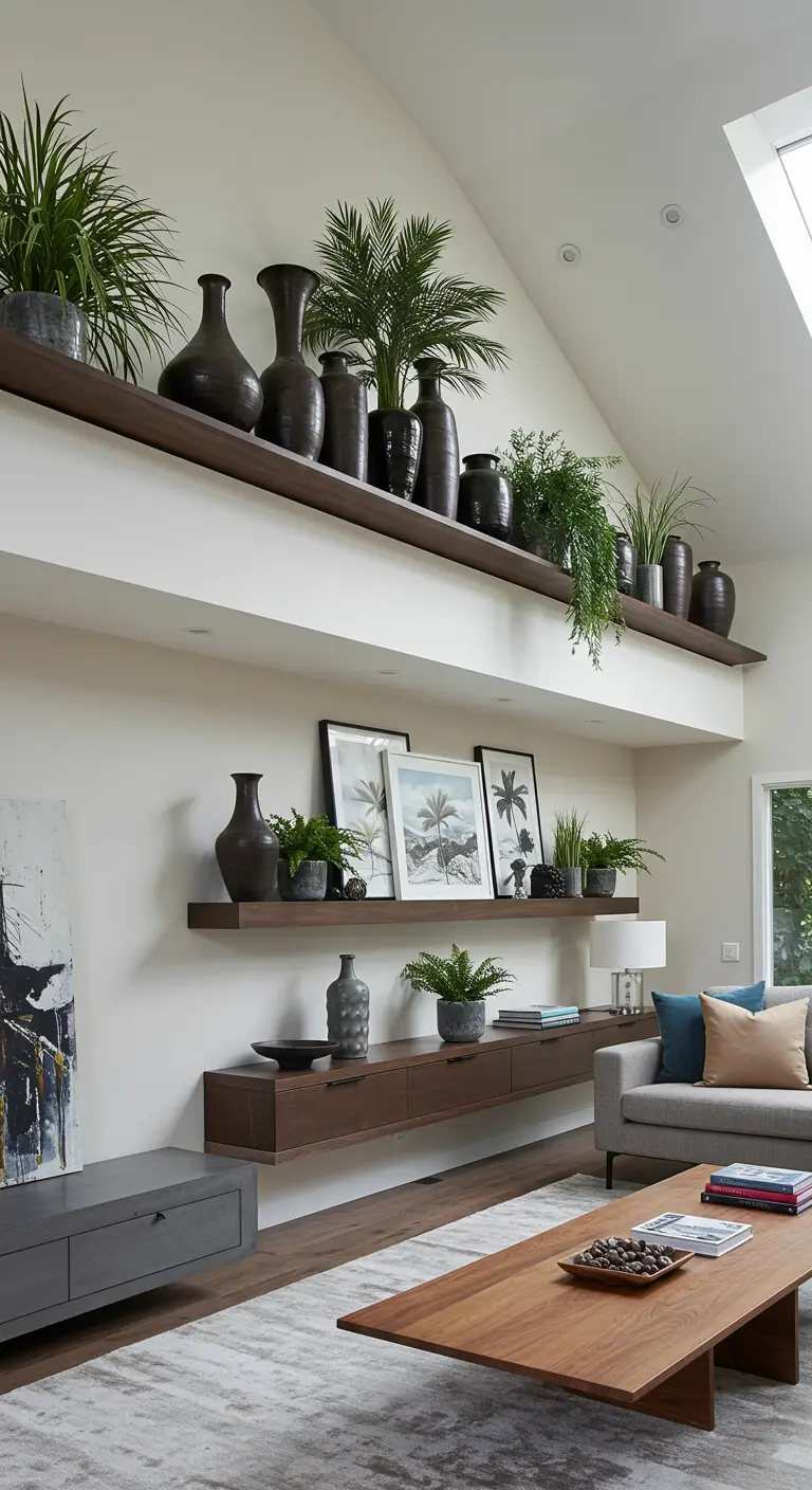 Estanterías flotantes de madera oscura instaladas en la parte alta de una pared en una sala con techo alto.