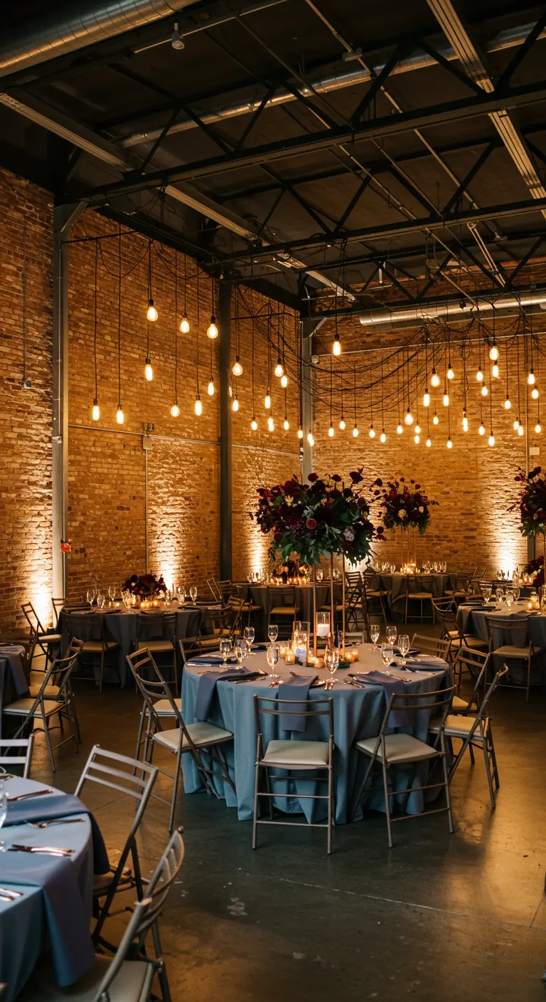 Recepción de boda en un espacio industrial con bombillas Edison colgando a diferentes alturas.