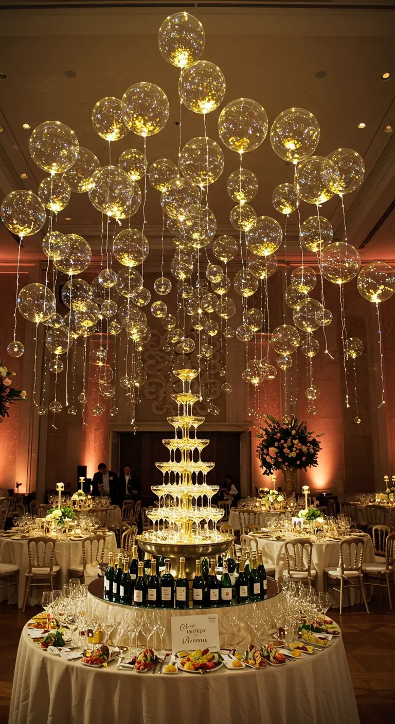 Salón elegante con una torre de champán y un techo lleno de globos transparentes con luces.