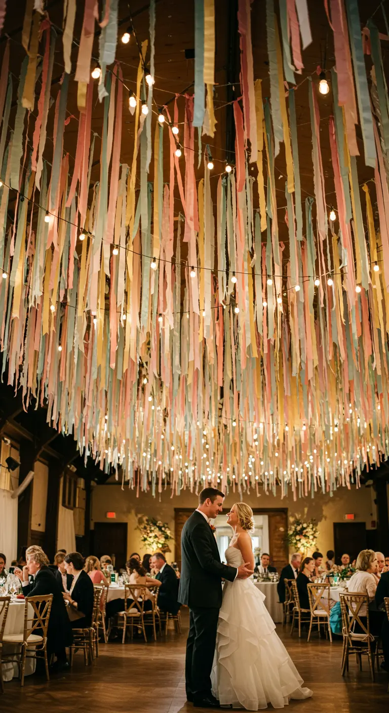 Pareja de novios bailando bajo un techo decorado con cintas de colores pastel y luces.