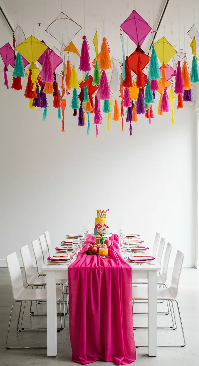 Cometas y borlas de papel de colores vivos colgando del techo sobre una mesa de comedor.