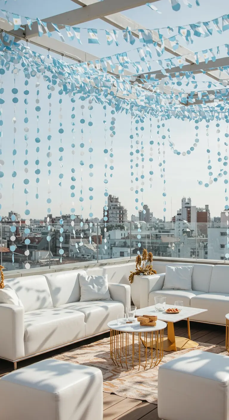 Terraza moderna con sofás blancos y una cortina de guirnaldas de círculos celestes y blancos.