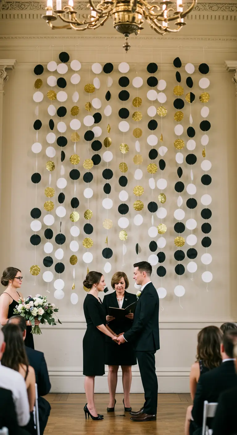 Telón de fondo para ceremonia de boda hecho con guirnaldas verticales de círculos de papel.