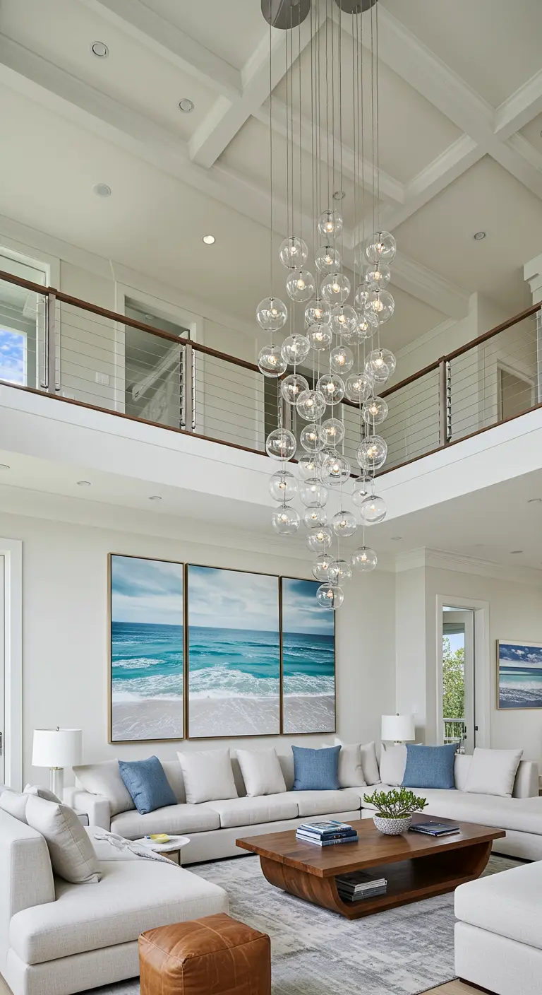 Sala de estar de doble altura con una espectacular lámpara de cascada y un tríptico de playa