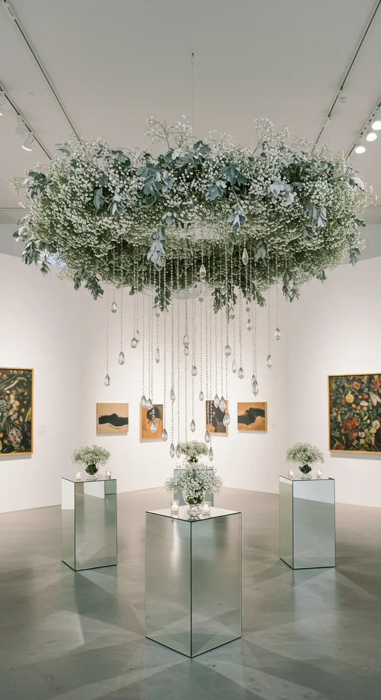 Instalación floral colgante con cristales sobre pedestales de espejo en una galería de arte.