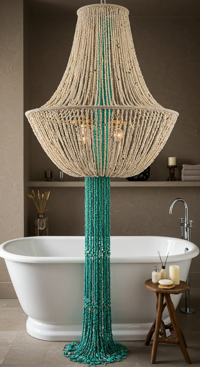 Lámpara de araña hecha con miles de cuentas de madera y toques de turquesa.