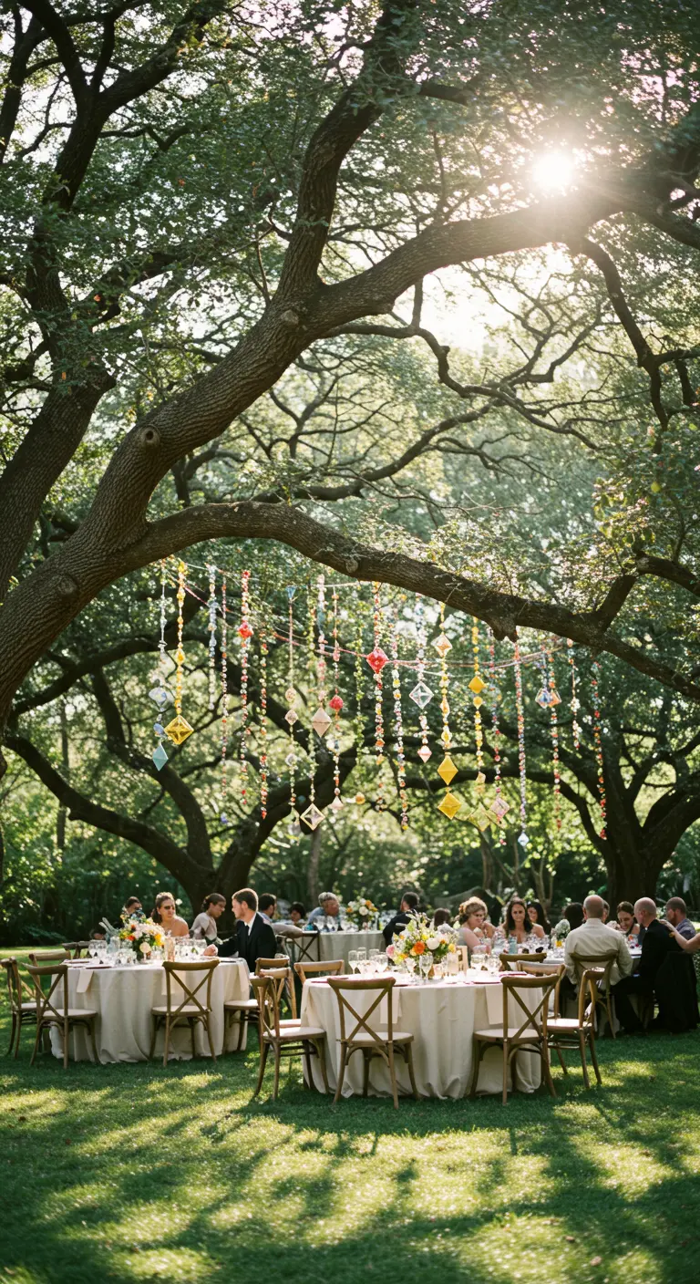 Guirnaldas verticales con formas geométricas de papel de colores cuelgan de un árbol sobre las mesas de una boda.