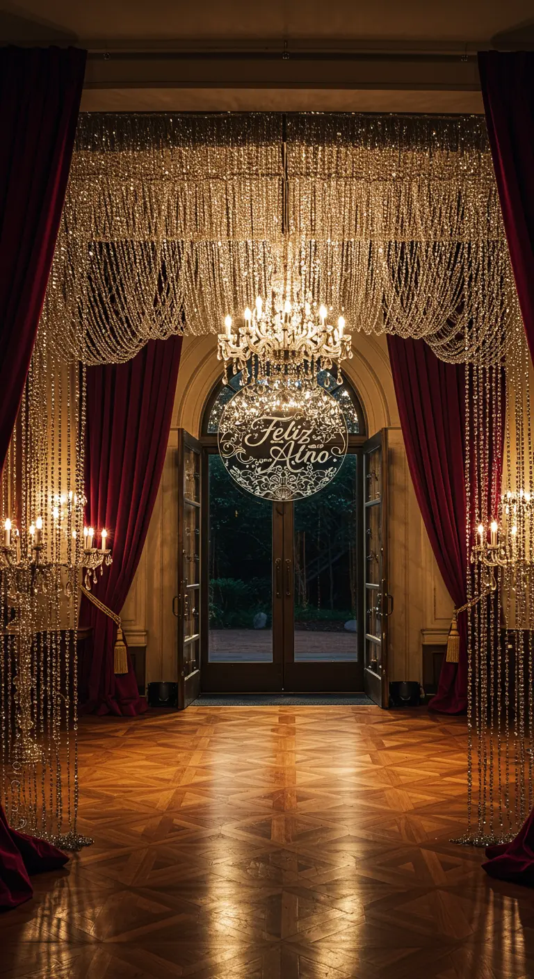 Entrada opulenta con candelabros y cortinas de cuentas de cristal.
