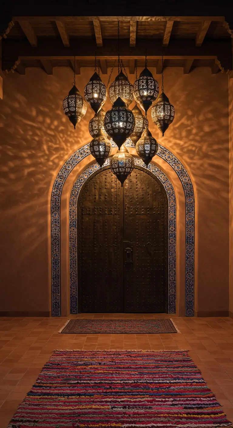 Grupo de faroles metálicos marroquíes colgando del techo, proyectando sombras en una pared cálida