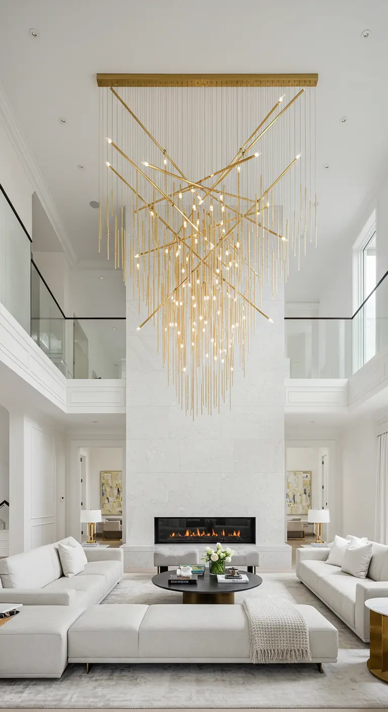 Impresionante sala de estar de doble altura con una enorme lámpara de cascada dorada sobre la zona de asientos