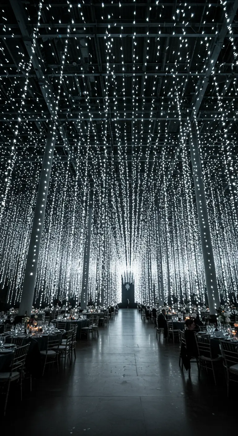 Gran salón con miles de tiras de luces LED blancas colgando del techo como una lluvia.