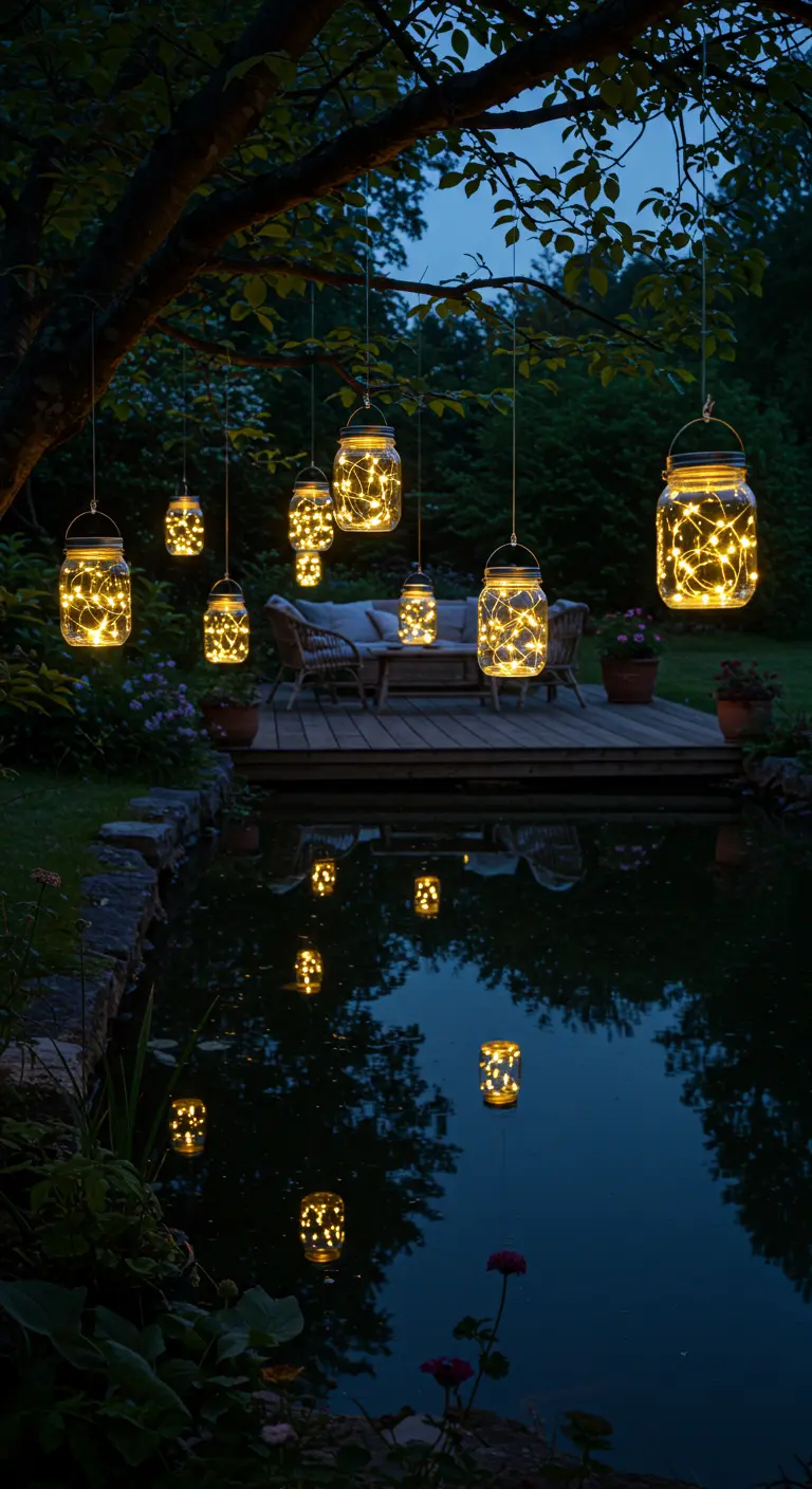 Varios frascos con luces de hadas cuelgan de un árbol, reflejándose en un estanque por la noche.