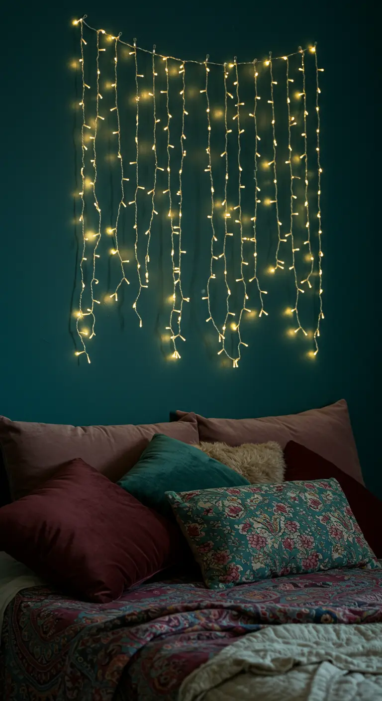 Cortina de luces de hadas colgada en una pared oscura sobre una cama con cojines coloridos.