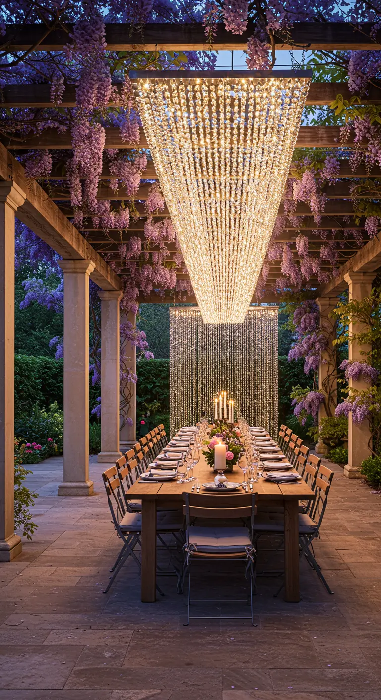 Cena bajo una pérgola cubierta de glicinas con una masiva lámpara de cortina de cristales.
