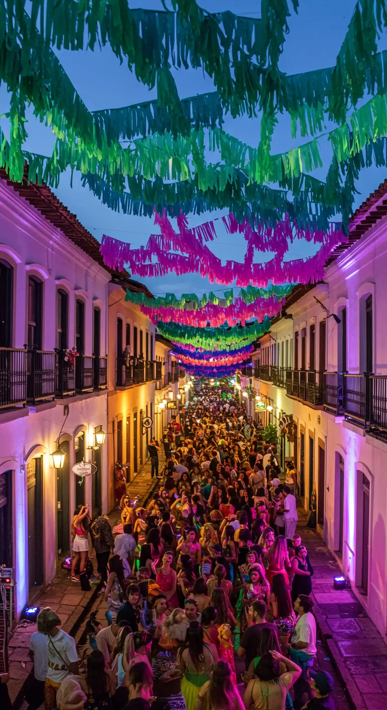 Calle nocturna llena de gente bajo un techo de guirnaldas de flecos de colores neón.