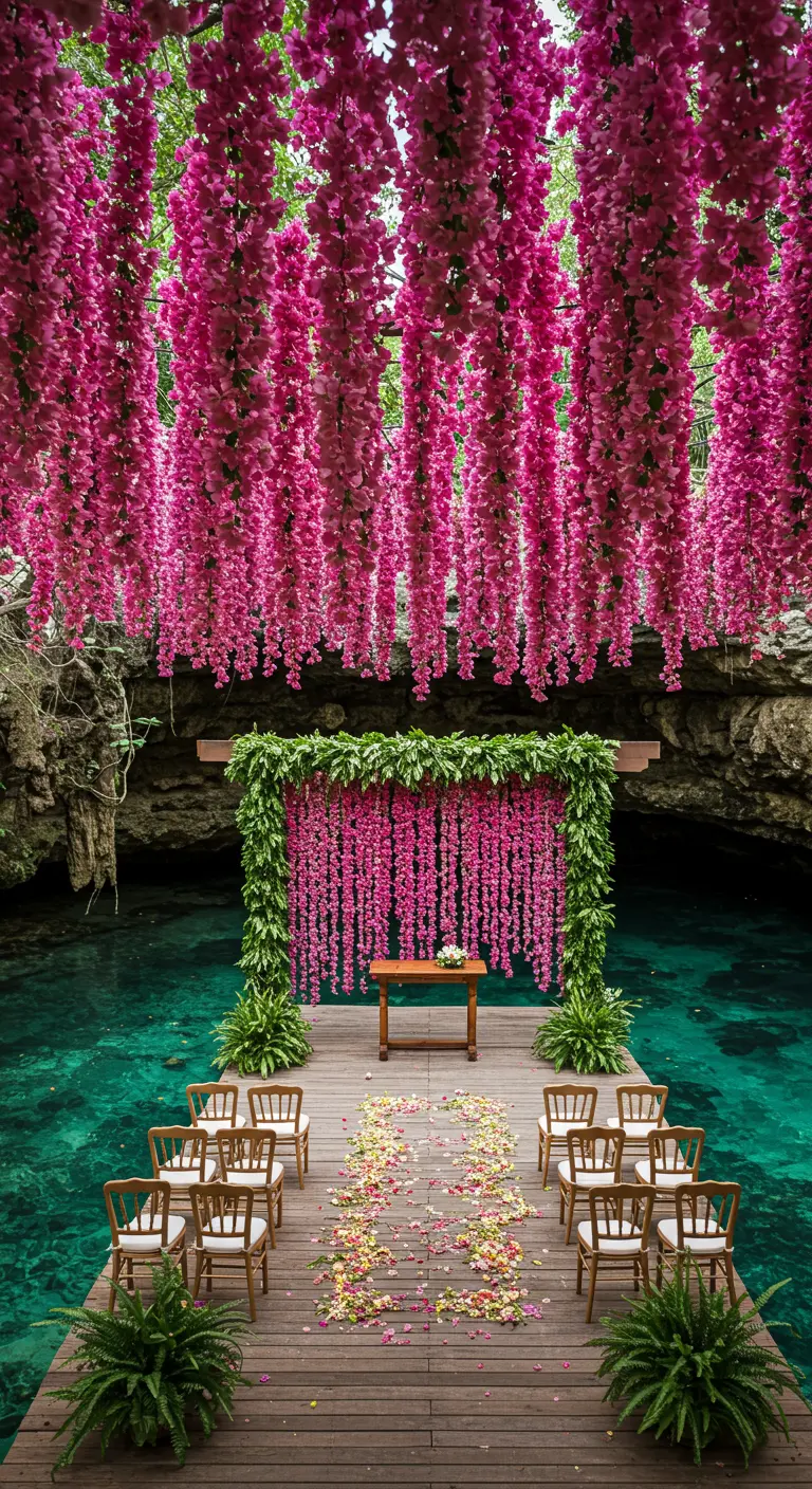 Altar de boda en un muelle con un techo de buganvillas fucsias colgantes.