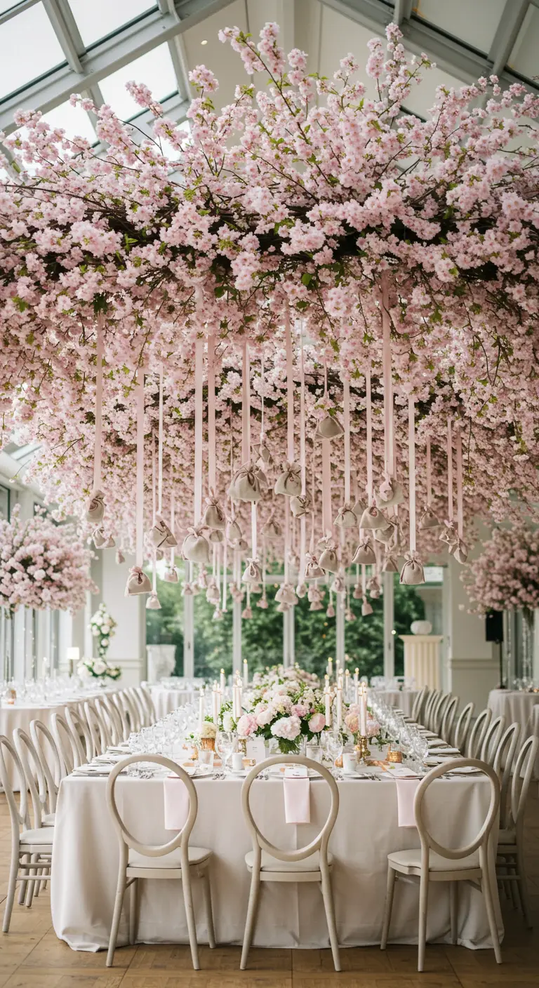 Techo cubierto de flores de cerezo del que cuelgan bolsitas de lavanda con largas cintas rosas.