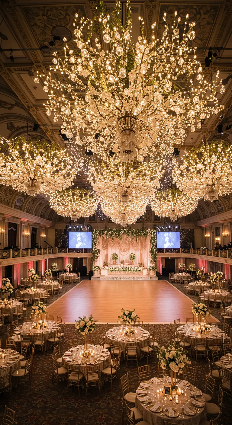 Salón de baile con enormes candelabros de cristal adornados con flores y luces.