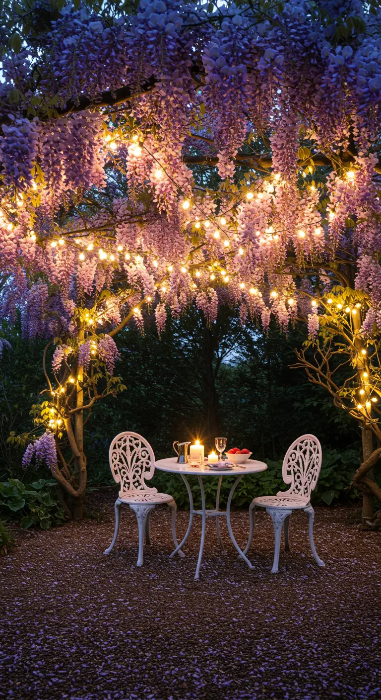 Mesa para dos bajo un arco de glicinas en flor, iluminado por una densa red de luces cálidas.