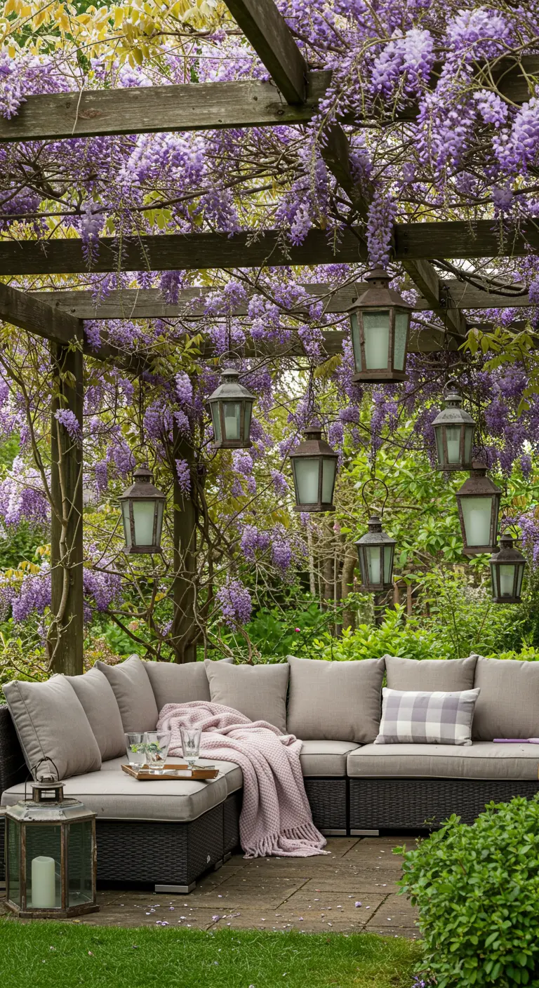 Pérgola cubierta de glicinas púrpuras con un sofá debajo y múltiples faroles colgando entre las flores.