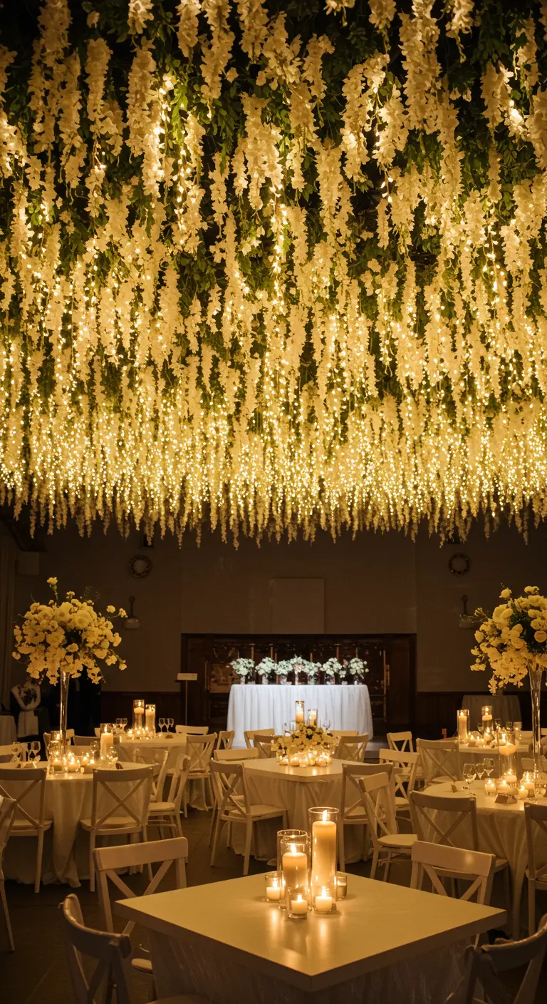 Techo de un salón completamente cubierto con glicinas blancas colgantes y miles de luces de hadas.