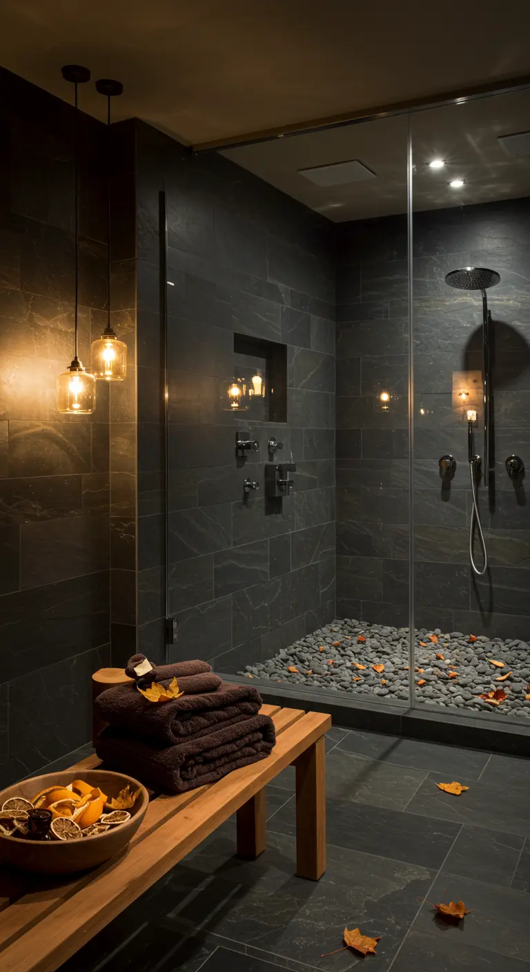 Ducha moderna con azulejos oscuros y hojas de otoño esparcidas en el suelo de piedras.