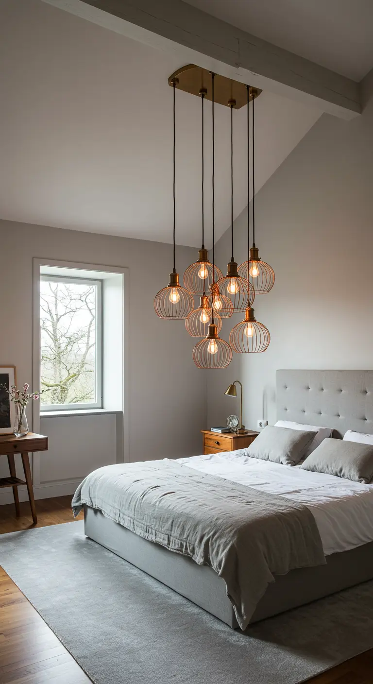 Grupo de lámparas colgantes con jaulas de cobre sobre una cama en un dormitorio abuhardillado.